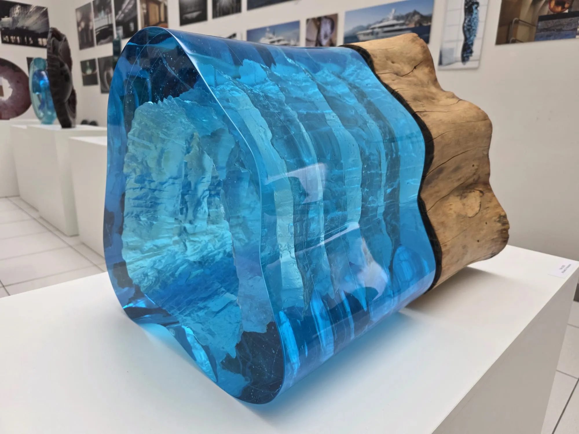 Průhledná modrá skulptura s dřevem